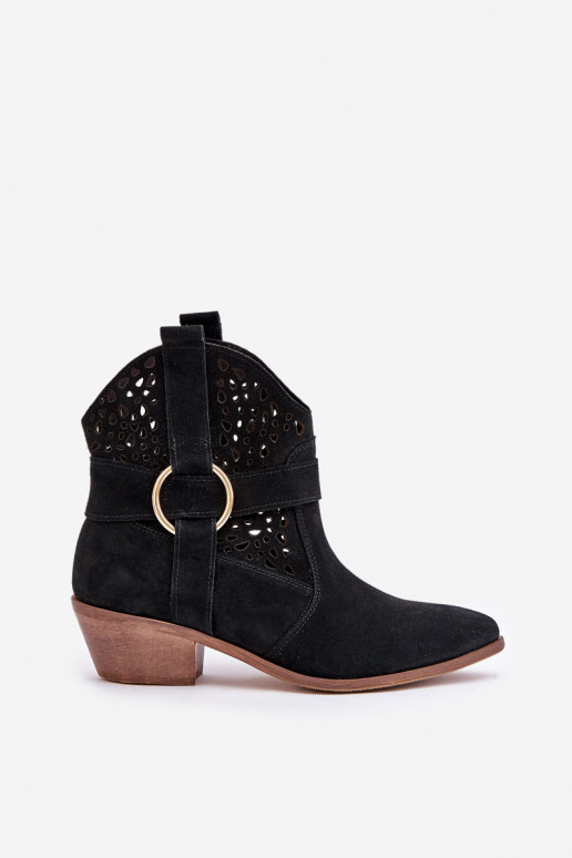 Zomšiniai batai kaubojiško stiliaus su aužūro elementais su kulniukais Zazoo 2994 juodos spalvos