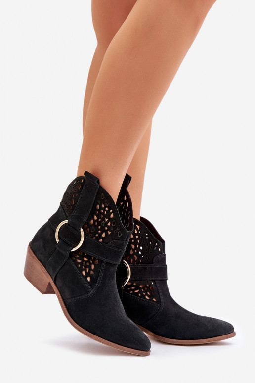 Zomšiniai batai kaubojiško stiliaus su aužūro elementais su kulniukais Zazoo 2994 juodos spalvos