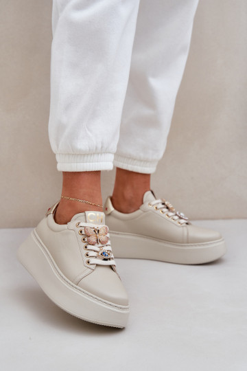 Moteriškas Oda Sneakers modelio batai su platforma su gražiomis detalėmis CheBello 4292 dramblio kaulo spalvos