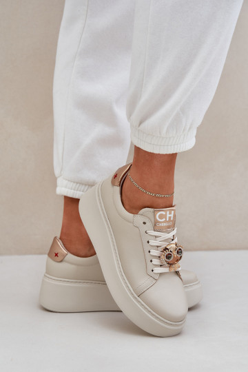 Moteriškas Oda Sneakers modelio batai CheBello 4411 dramblio kaulo spalvos