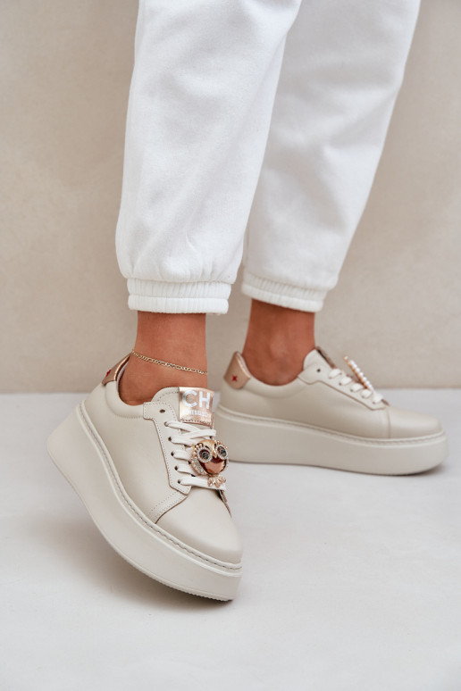 Moteriškas Oda Sneakers modelio batai CheBello 4411 dramblio kaulo spalvos Moteriškas Oda Sneakers modelio batai CheBello 4411 dramblio kaulo spalvos