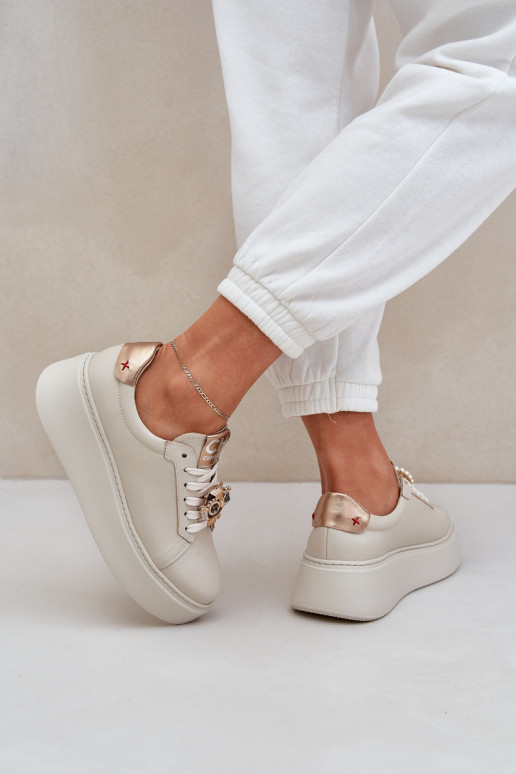 Moteriškas Oda Sneakers modelio batai CheBello 4411 dramblio kaulo spalvos Moteriškas Oda Sneakers modelio batai CheBello 4411 dramblio kaulo spalvos