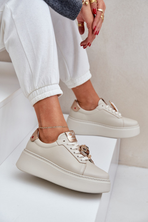 Moteriškas Oda Sneakers modelio batai CheBello 4411 dramblio kaulo spalvos Moteriškas Oda Sneakers modelio batai CheBello 4411 dramblio kaulo spalvos