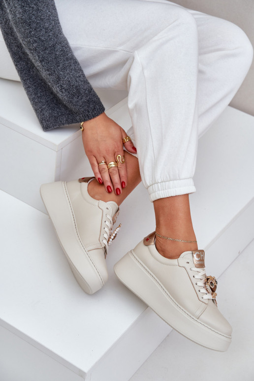 Moteriškas Oda Sneakers modelio batai CheBello 4411 dramblio kaulo spalvos Moteriškas Oda Sneakers modelio batai CheBello 4411 dramblio kaulo spalvos