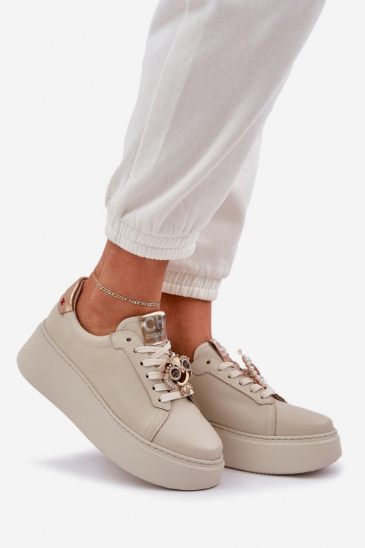 Moteriškas Oda Sneakers modelio batai CheBello 4411 dramblio kaulo spalvos Moteriškas Oda Sneakers modelio batai CheBello 4411 dramblio kaulo spalvos