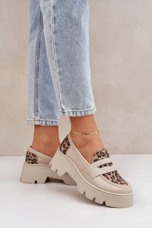 Oda Moteriški mokasinai platformoje Ir plokščiakulniai su leopardo kailio raštais Zazoo 20191 dramblio kaulo spalvos
