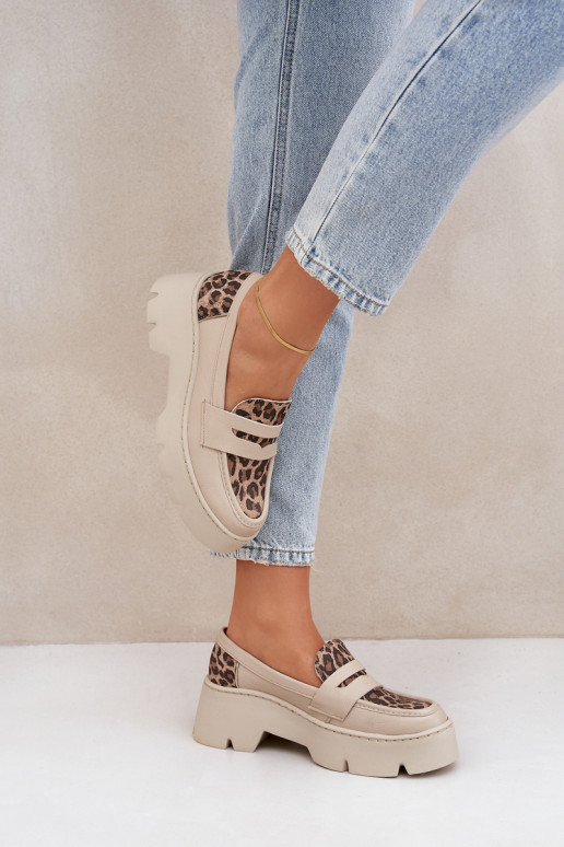 Oda Moteriški mokasinai platformoje Ir plokščiakulniai su leopardo kailio raštais Zazoo 20191 dramblio kaulo spalvos