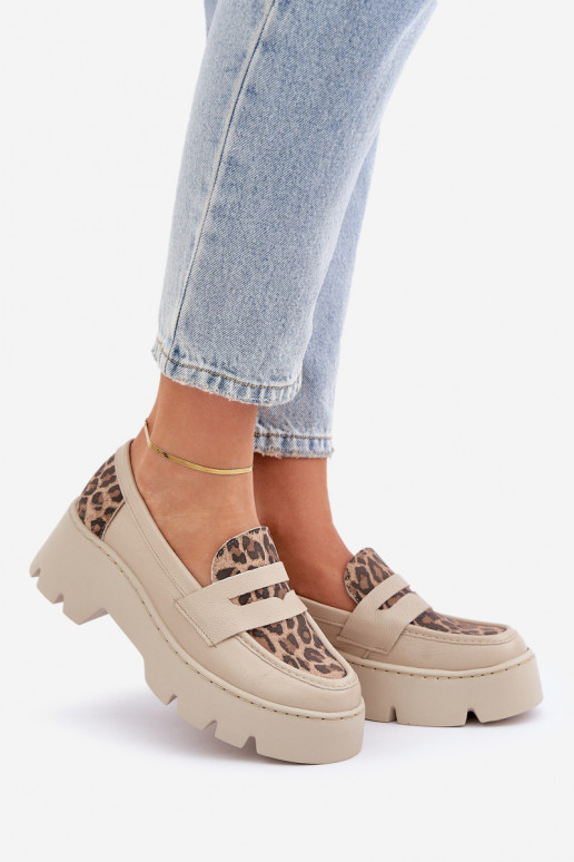 Oda Moteriški mokasinai platformoje Ir plokščiakulniai su leopardo kailio raštais Zazoo 20191 dramblio kaulo spalvos