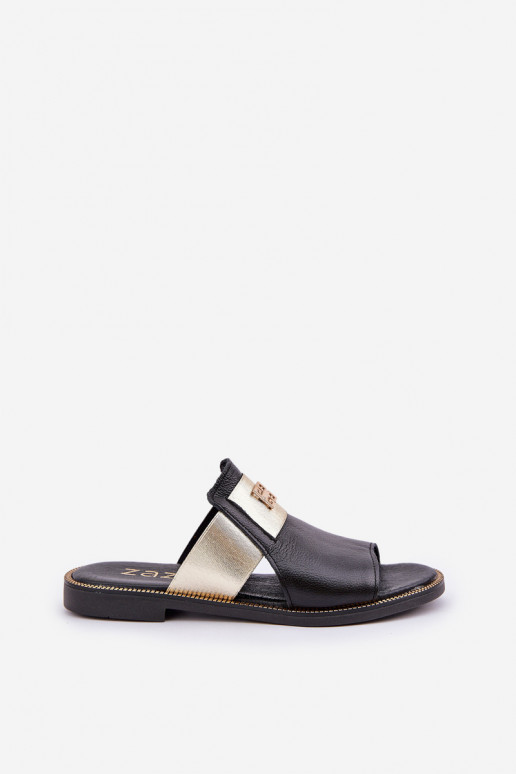 Elegantiško stiliaus Šlepetės Pagaminta iš natūralios odos su plačiais kulniukais Zazoo 40423 juodos spalvos