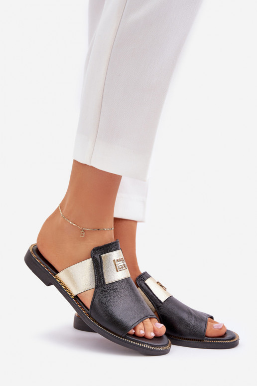 Elegantiško stiliaus Šlepetės Pagaminta iš natūralios odos su plačiais kulniukais Zazoo 40423 juodos spalvos