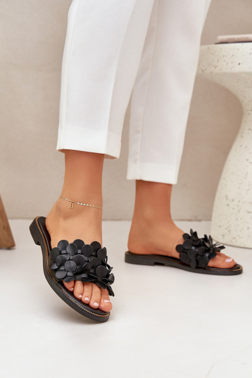 Zazoo 40381 Moteriškas Odinės šlepetės su plačiais kulniukais juodos spalvos