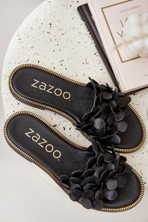 Zazoo 40381 Moteriškas Odinės šlepetės su plačiais kulniukais juodos spalvos