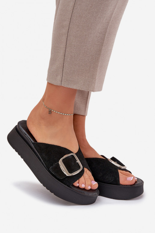 Moteriškos zomšinės šlepetės su sagtimis su platforma Zazoo 3019 juodos spalvos