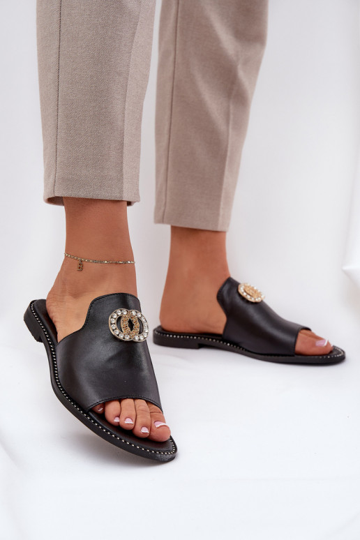 Elegantiško stiliaus Odinės šlepetės Moteriškas su ornamentais Zazoo 3008 juodos spalvos