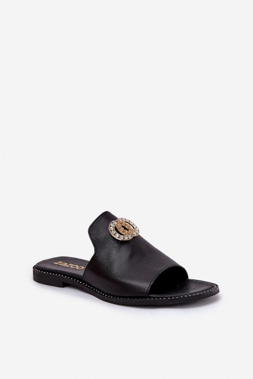Elegantiško stiliaus Odinės šlepetės Moteriškas su ornamentais Zazoo 3008 juodos spalvos
