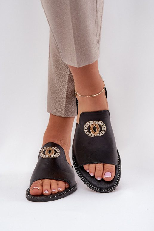 Elegantiško stiliaus Odinės šlepetės Moteriškas su ornamentais Zazoo 3008 juodos spalvos