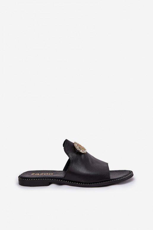 Elegantiško stiliaus Odinės šlepetės Moteriškas su ornamentais Zazoo 3008 juodos spalvos