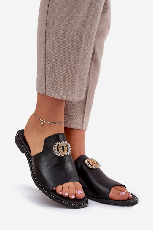 Elegantiško stiliaus Odinės šlepetės Moteriškas su ornamentais Zazoo 3008 juodos spalvos