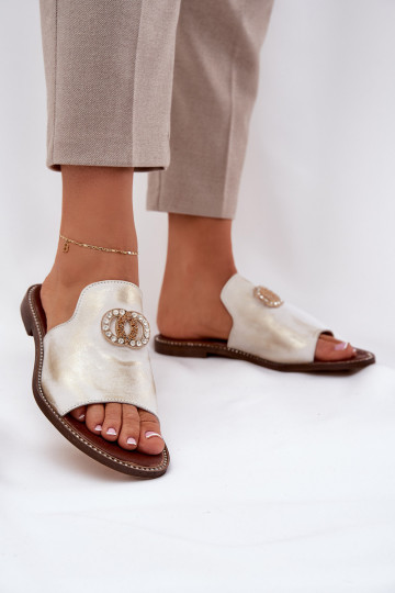 Elegantiško stiliaus Odinės šlepetės Moteriškas su ornamentais Zazoo 3008 aukso spalvos Przecierany 2