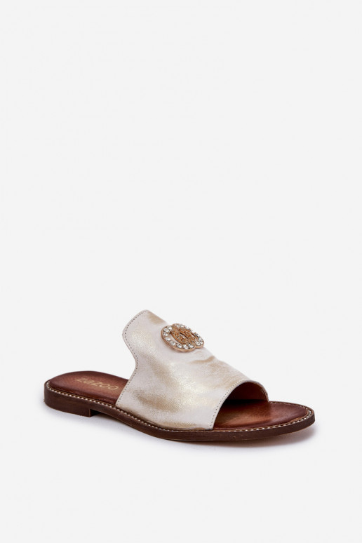 Elegantiško stiliaus Odinės šlepetės Moteriškas su ornamentais Zazoo 3008 aukso spalvos Przecierany