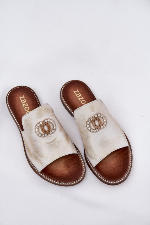 Elegantiško stiliaus Odinės šlepetės Moteriškas su ornamentais Zazoo 3008 aukso spalvos Przecierany