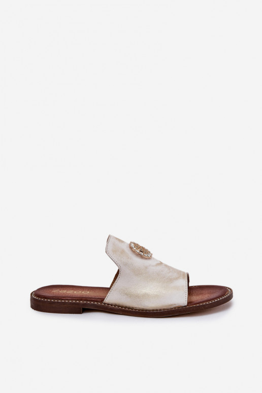 Elegantiško stiliaus Odinės šlepetės Moteriškas su ornamentais Zazoo 3008 aukso spalvos Przecierany