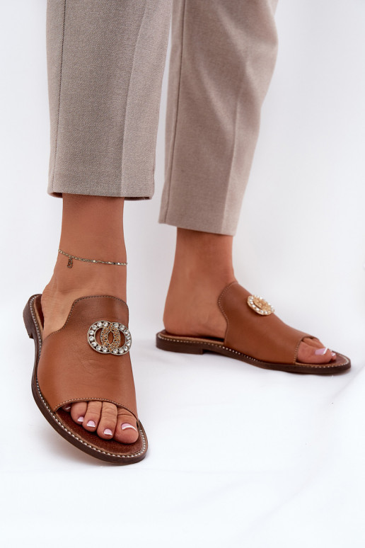 Elegantiško stiliaus Odinės šlepetės Moteriškas su ornamentais Zazoo 3008 rudos spalvos Elegantiško stiliaus Odinės šlepetės Moteriškas su ornamentais Zazoo 3008 rudos spalvos