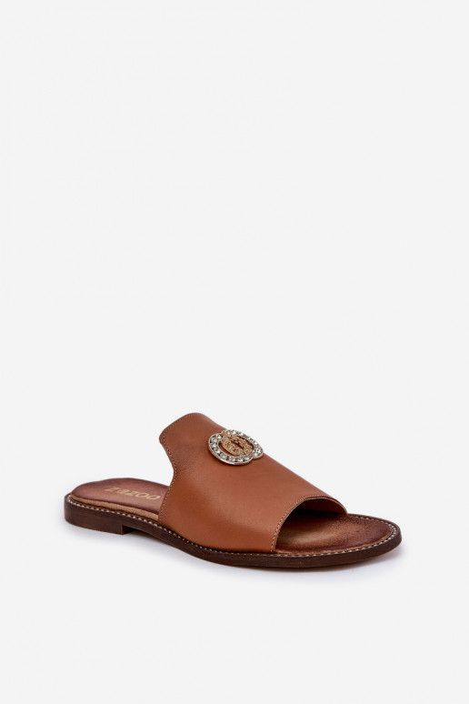 Elegantiško stiliaus Odinės šlepetės Moteriškas su ornamentais Zazoo 3008 rudos spalvos Elegantiško stiliaus Odinės šlepetės Moteriškas su ornamentais Zazoo 3008 rudos spalvos