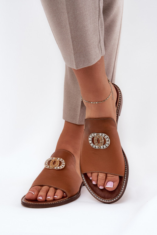 Elegantiško stiliaus Odinės šlepetės Moteriškas su ornamentais Zazoo 3008 rudos spalvos Elegantiško stiliaus Odinės šlepetės Moteriškas su ornamentais Zazoo 3008 rudos spalvos