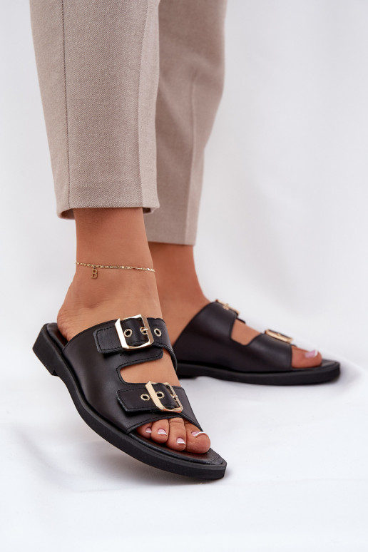 Oda lygiapadžiai Šlepetės su sagtimis Zazoo 3020 juodos spalvos Oda lygiapadžiai Šlepetės su sagtimis Zazoo 3020 juodos spalvos