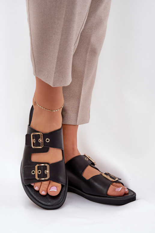 Oda lygiapadžiai Šlepetės su sagtimis Zazoo 3020 juodos spalvos Oda lygiapadžiai Šlepetės su sagtimis Zazoo 3020 juodos spalvos