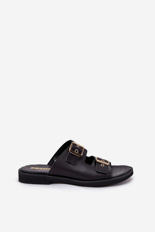 Oda lygiapadžiai Šlepetės su sagtimis Zazoo 3020 juodos spalvos Oda lygiapadžiai Šlepetės su sagtimis Zazoo 3020 juodos spalvos