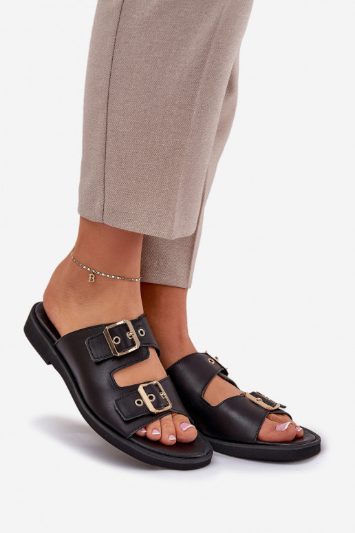 Oda lygiapadžiai Šlepetės su sagtimis Zazoo 3020 juodos spalvos Oda lygiapadžiai Šlepetės su sagtimis Zazoo 3020 juodos spalvos