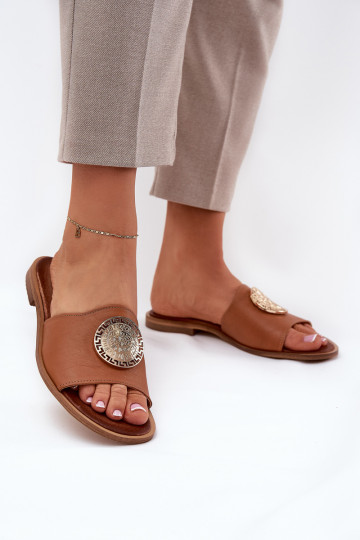 Zazoo 2938 Odinės šlepetės su plačiais kulniukais su ornamentais rudos spalvos