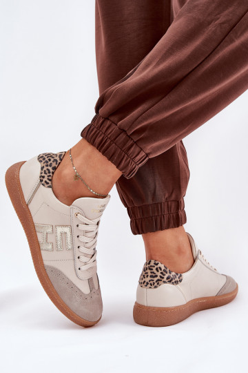 Odiniai moteriški sportiniai bateliai "Sneakers" su leopardo kailio raštais CheBello 4640 smėlio spalvos