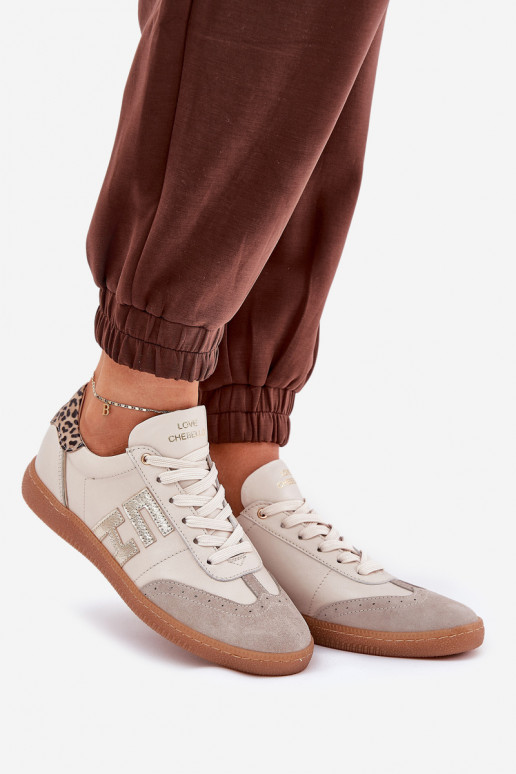 Oda sportiniai bateliai Sneakers modelio batai Moteriškas su leopardo kailio raštais CheBello 4640 smėlio spalvos Oda sportiniai bateliai Sneakers modelio batai Moteriškas su leopardo kailio raštais CheBello 4640 smėlio spalvos