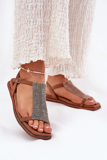 lygiapadžiai Elegantiško stiliaus Moteriškos basutės su spindinčiomis akutėmis Artiker 56C1365 rudos spalvos