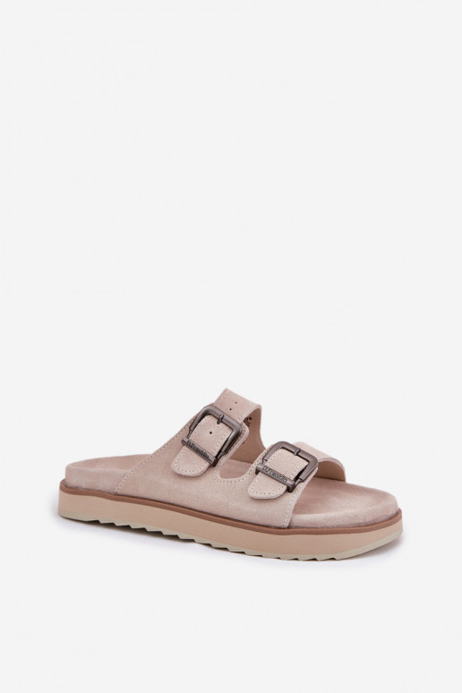 Moteriškos zomšinės šlepetės su sagtimis D.Franklin DFSH405001 smėlio spalvos Moteriškos zomšinės šlepetės su sagtimis D.Franklin DFSH405001 smėlio spalvos