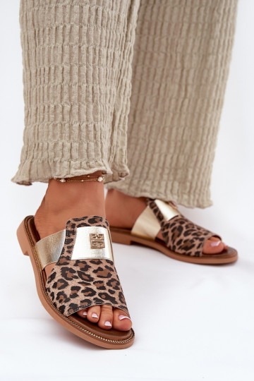 Elegantiško stiliaus Šlepetės Pagaminta iš natūralios odos su plačiais kulniukais Zazoo 40423 su leopardo kailio raštais 2