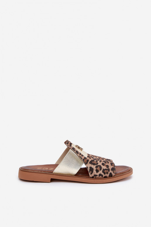 Elegantiško stiliaus Šlepetės Pagaminta iš natūralios odos su plačiais kulniukais Zazoo 40423 su leopardo kailio raštais Elegantiško stiliaus Šlepetės Pagaminta iš natūralios odos su plačiais kulniukais Zazoo 40423 su leopardo kailio raštais