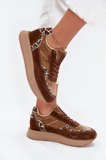 iš zomšos Sneakers modelio batai Moteriškas Big Star OO274A313 HI-POLY SYSTEM rudos spalvos su leopardo kailio raštais