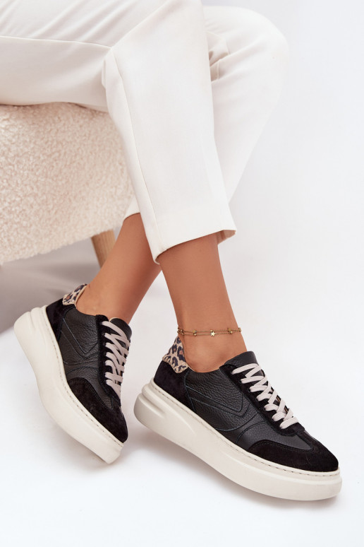 Oda Sneakers modelio batai Moteriškas su platforma su leopardo kailio raštais Zazoo N1263 juodos spalvos Oda Sneakers modelio batai Moteriškas su platforma su leopardo kailio raštais Zazoo N1263 juodos spalvos