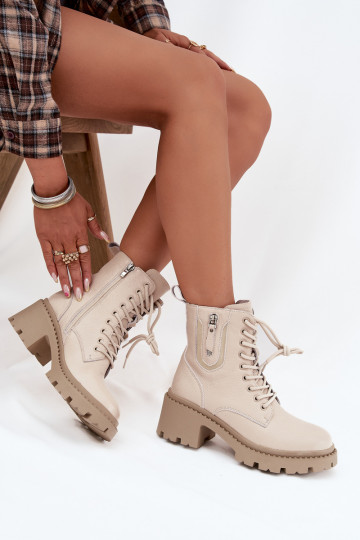 Odiniai moteriški aulinukai su kulnais, šilti Vinceza 86418 smėlio spalvos