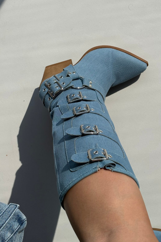 Kaubojiško stiliaus ilgaauliai batai su kulniukais ir sagtimis iš džinso medžiagos, Fivelle