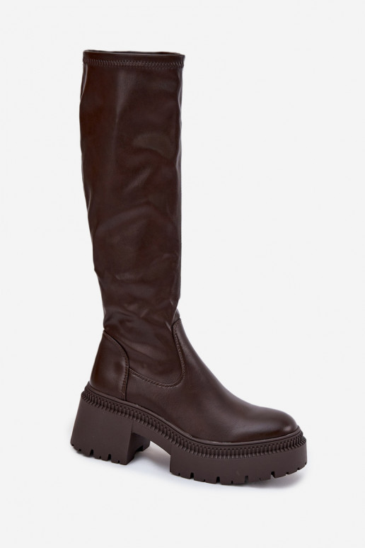 Moteriški ilgaauliai batai ant masyvių kulnų ir platformos įsispiriamo modelio rudos spalvos Florinne