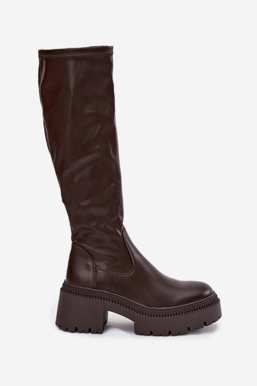 Moteriški ilgaauliai batai ant masyvių kulnų ir platformos įsispiriamo modelio rudos spalvos Florinne