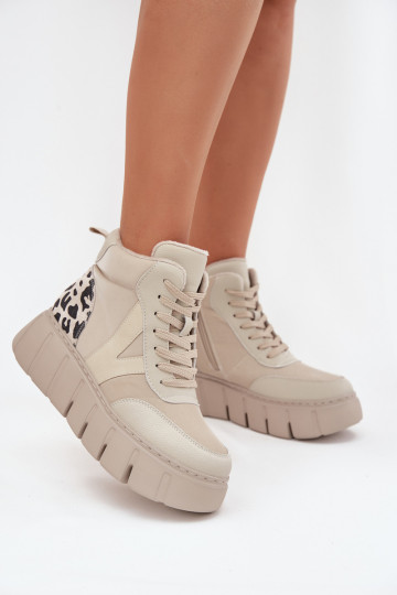 Smėlio spalvos odiniai moteriški šilti aulinukai su platforma Vinceza 66838 2