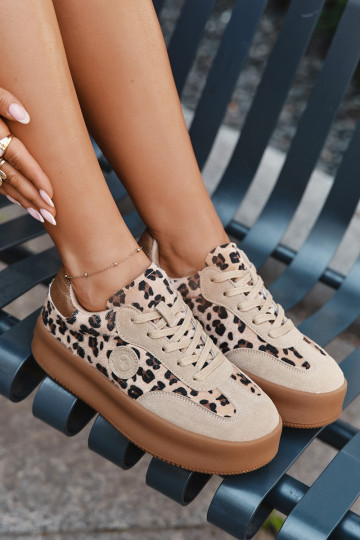 Sportbačių modelio bateliai moteriški su platforma, su leopardo kailio raštais Big Star SS274763 smėlio spalvos
