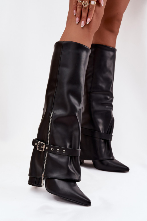 Moteriški ilgaauliai batai įsispiriamo modelio su kulniukais, su dekoruotais kulnais iš eko odos juodos spalvos Jolivine