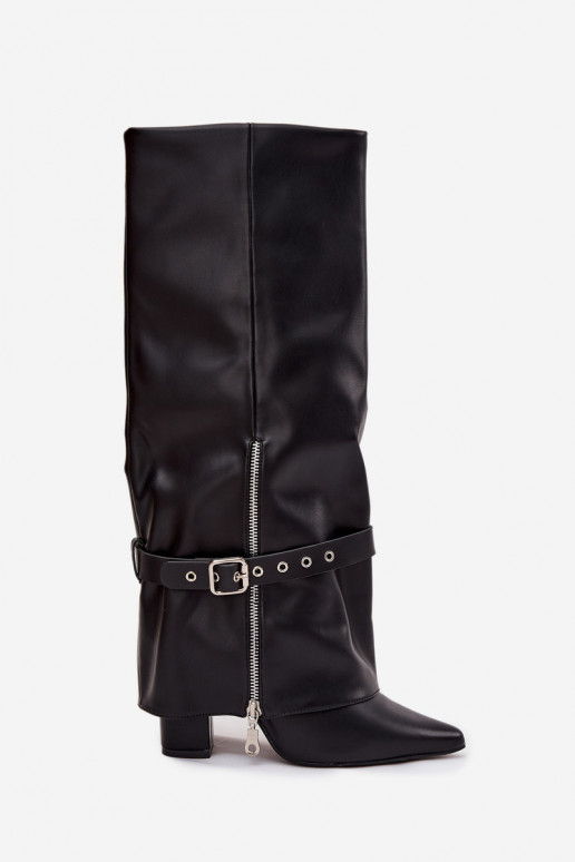 Moteriški ilgaauliai batai įsispiriamo modelio su kulniukais, su dekoruotais kulnais iš eko odos juodos spalvos Jolivine